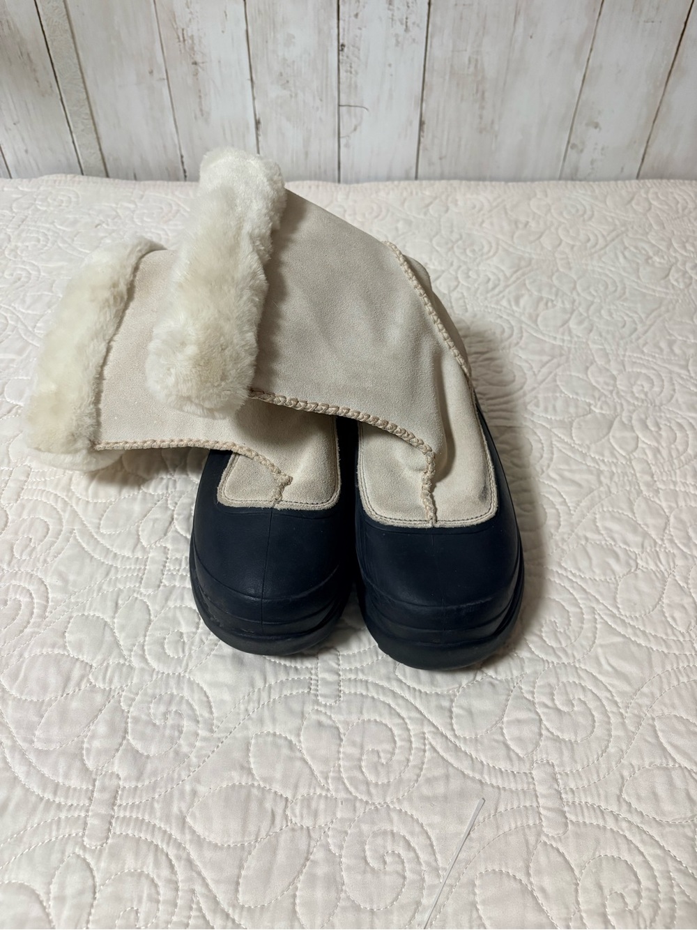 Lands' End Cream and Black Slip-On Winter Boots